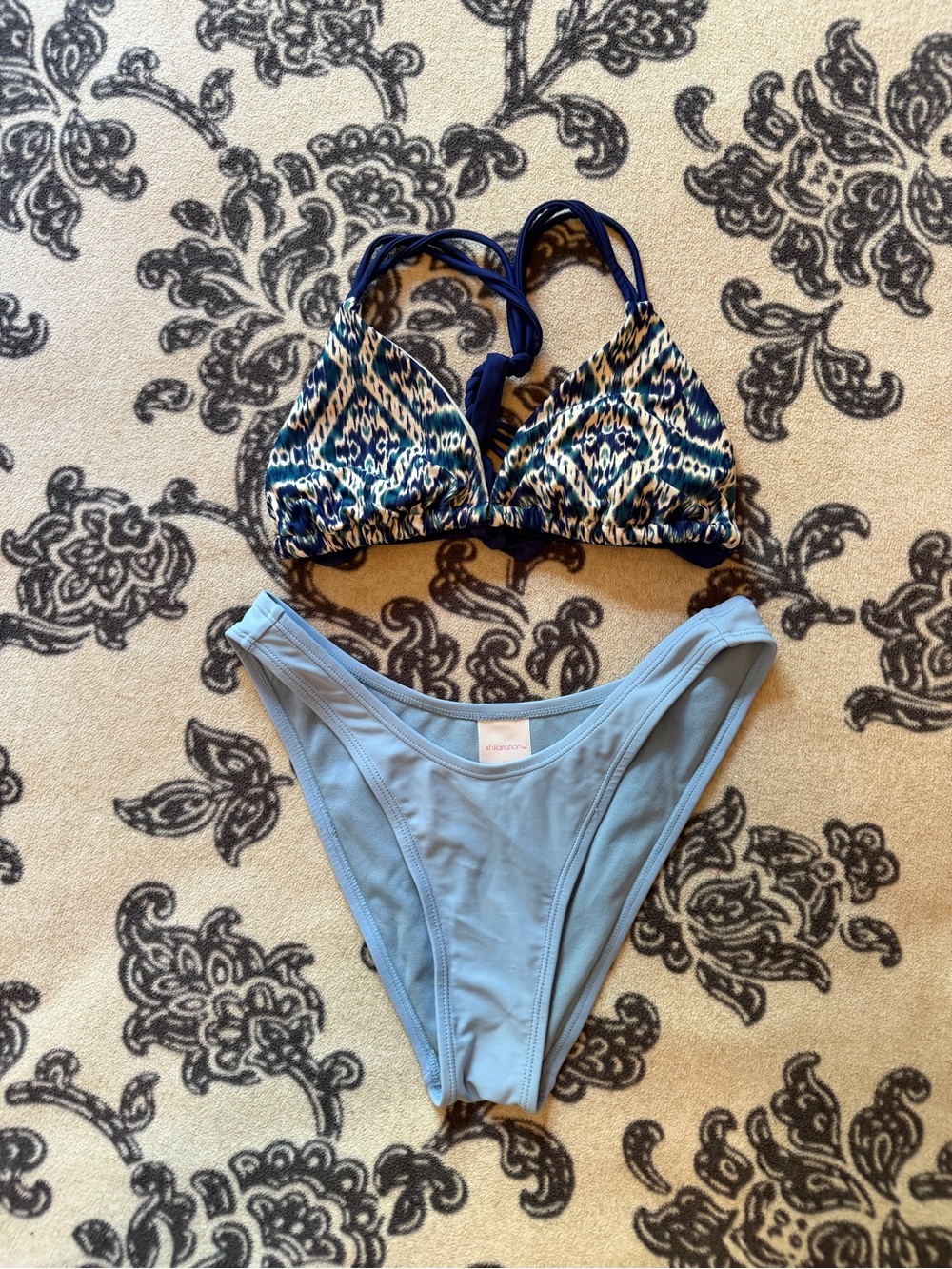 Blue Patterned Triangle Bikini Top with Light Blue Bikini Bottom